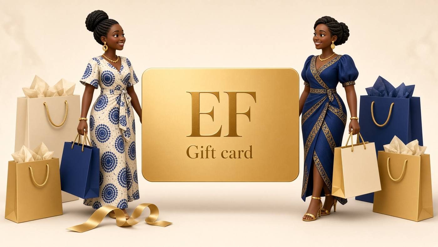 An EF gift card with shopping bags, and women shopping beside it